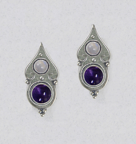 Sterling Silver Designer Post Stud Earrings With Iolite And Rainbow Moonstone